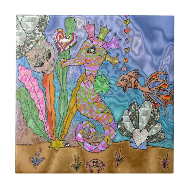 Carreau Psychedelic Seahorse Sea Turtle Art (Devant)