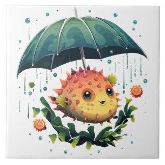 Carreau Puffer Fish Rainy Day avec parapluie