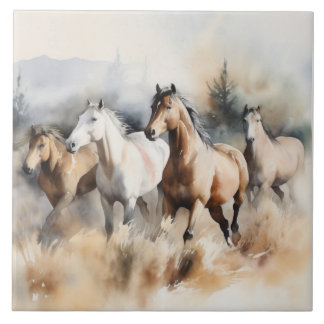 Carreau "Quatre Mustangs sauvages" Aquarelle occidentale D