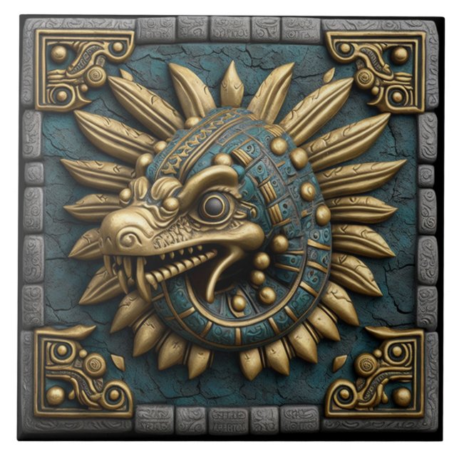 Carreau Quetzalcoatl d'or sur le carrelage du Temple Maya (Devant)