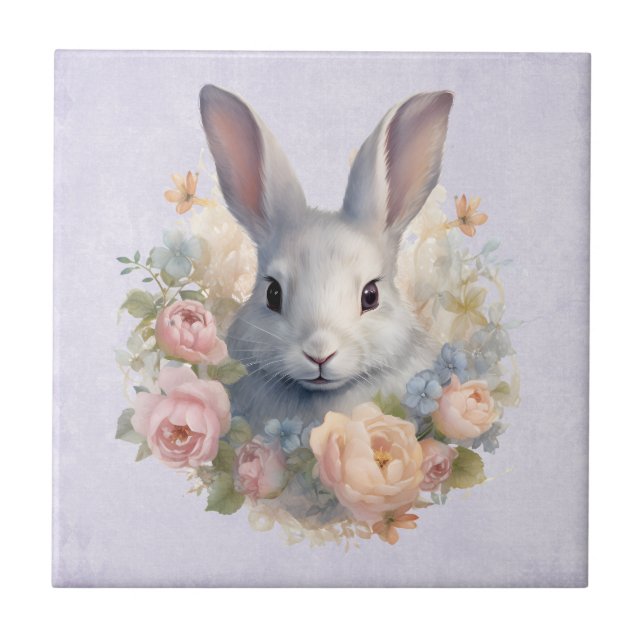 Carreau Rabbit Surrounded by Pastel Flowers Cute (Devant)