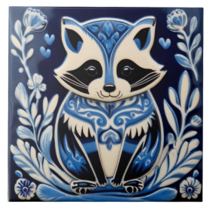 Carreau Raccoon bleu et blanc Art folklorique
