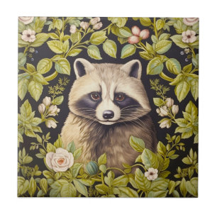 Carreau Raccoon et feuilles verts inspirés de William Morr