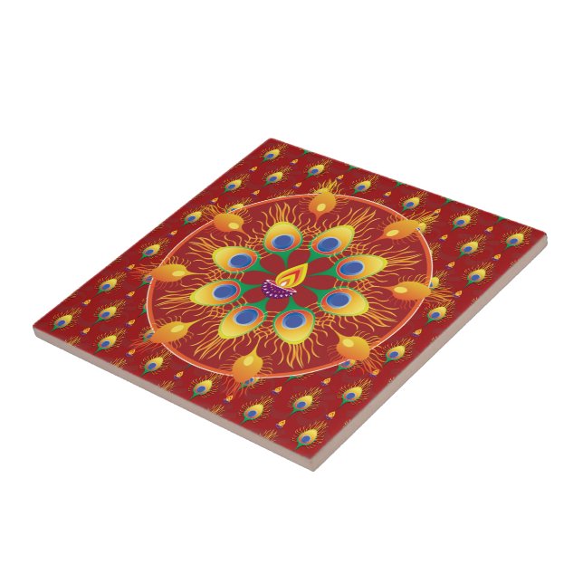 Carreau Rangoli de plumes de paons sur le motif (Côté)