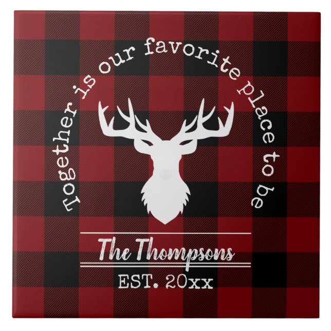 Carreau Red and Black Buffalo Plaid Farmhouse Nom de famil (Devant)