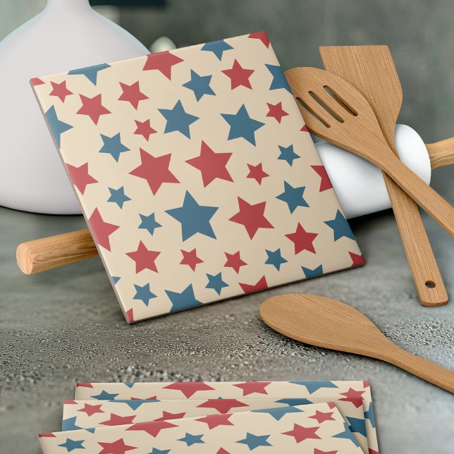 Carreau Red and Blue Stars, 4th of July, Beige Background (Créateur téléchargé)