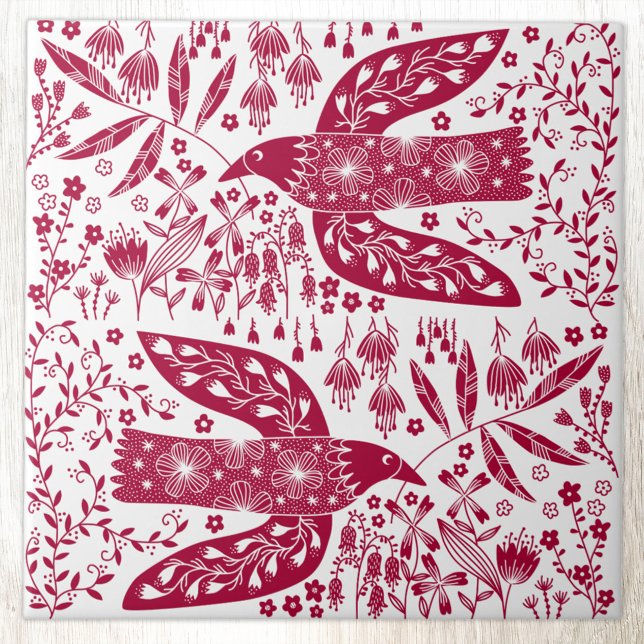 Carreau Red Bird Art (Red and white folk art style peace doves and flowers bird art ceramic tile)