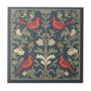 Carreau Red Cardinal Birds style Vintage William Morris