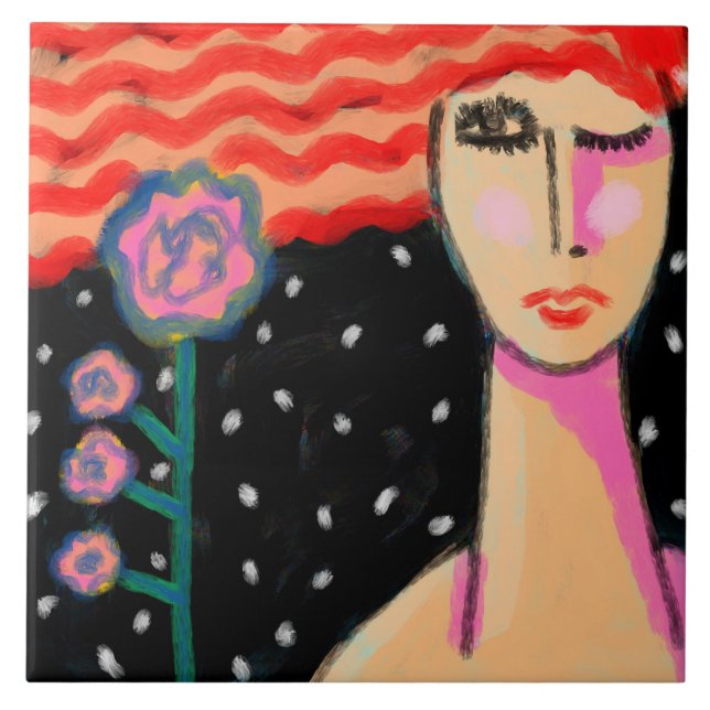 Carreau Red Hair Pink Roses Abstract Art (Devant)