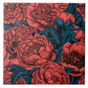 Carreau Red peony flowers and moths