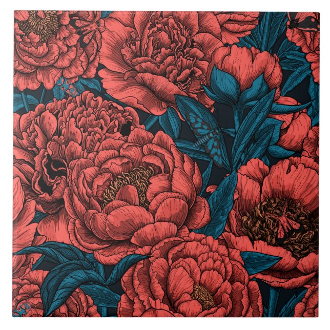 Carreau Red peony flowers and moths (Devant)