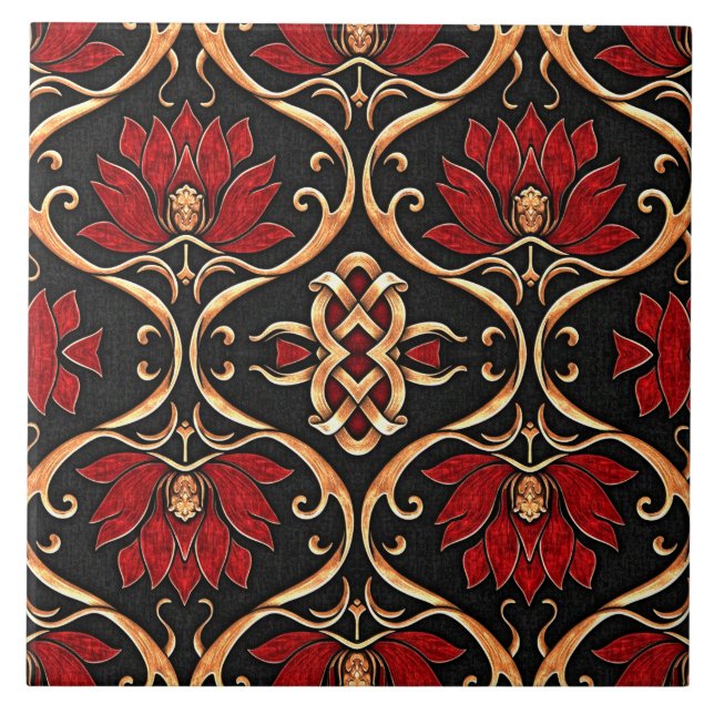 Carreau Regal Red Lotus & Golden Filigree Pattern (Devant)