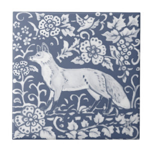 Carreau Renard Bleu Blanc Bois Oiseaux Feuilles Denim Face