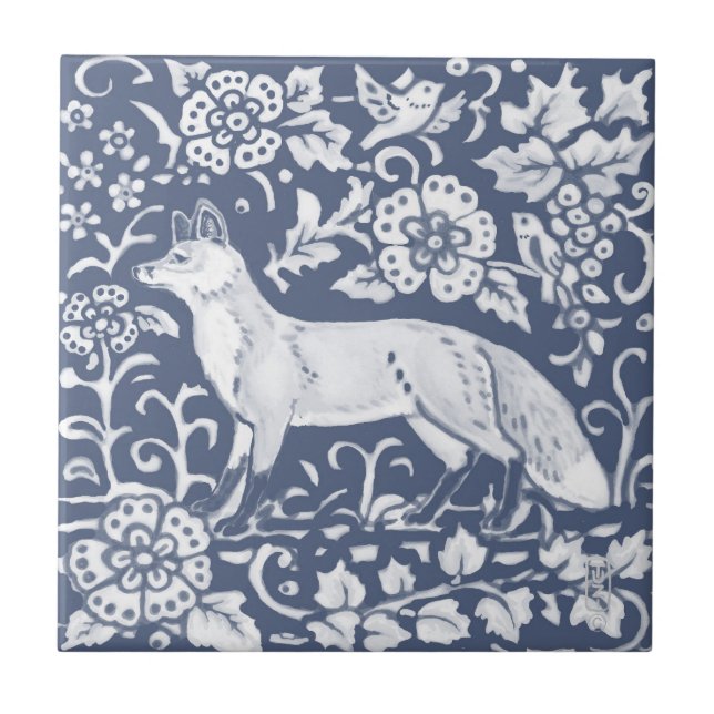 Carreau Renard Bleu Blanc Bois Oiseaux Feuilles Denim Face (Devant)