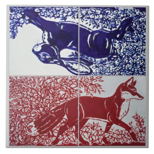 Carreau Renard, Lapin Floral Marine Bleu Rouge Dessin en c (Devant)