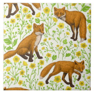 Carreau Renards et papillons sur le blanc naturel