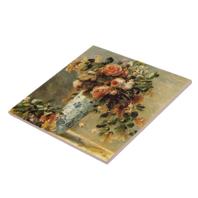Carreau Renoir Roses et Jasmin dans un vase Delft (Côté)