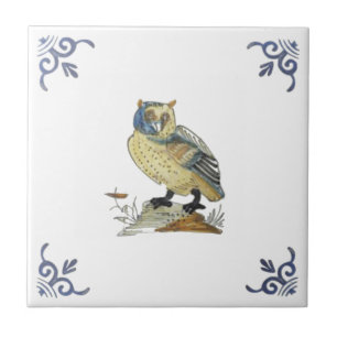 Carreau Repro 1700s Antique Painted Delft Owl Tile blanc
