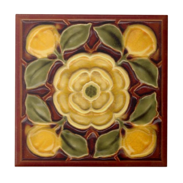 Carreau Repro Antique Faux Relief Tudor Rose Majolica (Devant)