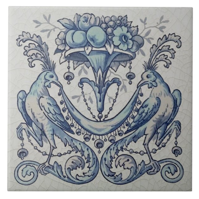 Carreau Repro Antique Minton Hollins Oiseaux Fruit Bleu (Devant)