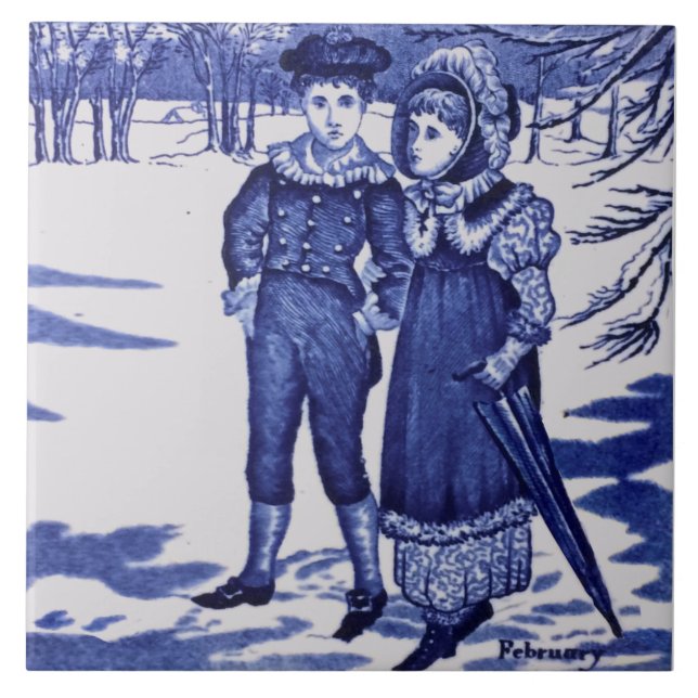 Carreau Repro Antique Wedgwood Blue "Février" Figural (Devant)