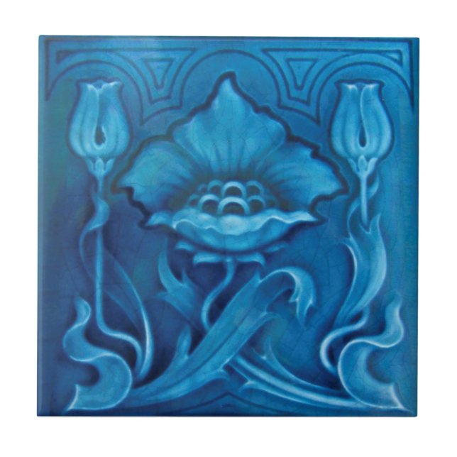 Carreau Repro Art Nouveau Cerulean Bleu Floral Majolica (Devant)
