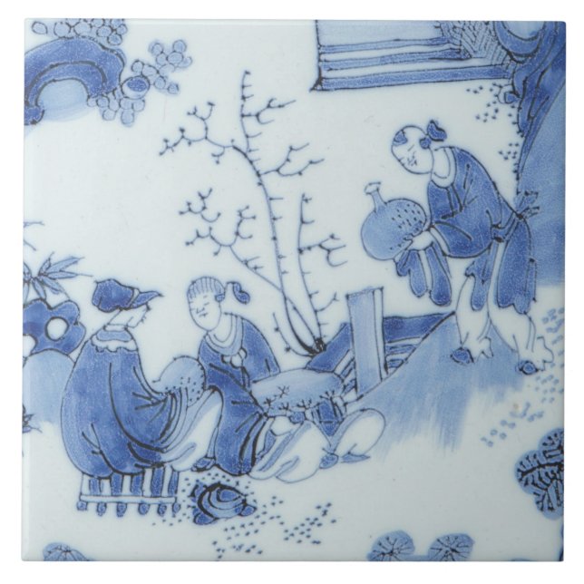 Carreau Repro Delft Tile Chinoiserie Découpage Bleu Blanc (Devant)