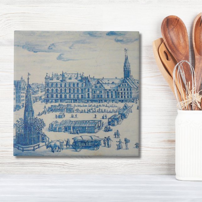 Carreau Repro Delft Tile Nuremberg Ville Carré Bleu (Repro Delft Tile Blue Germany town square antique building)