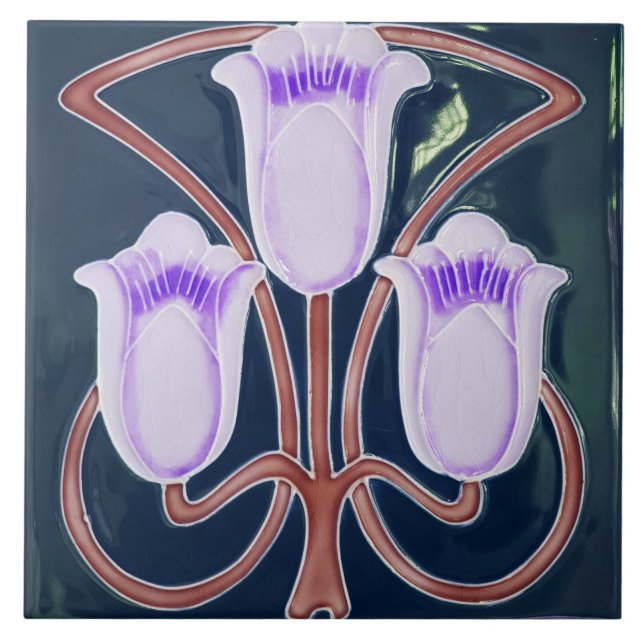 Carreau Repro Edwardian Art Nouveau Blue Tulip Floral (Devant)