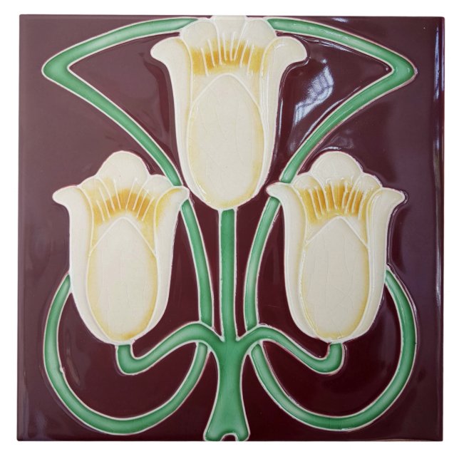 Carreau Repro Edwardian Art Nouveau Red Tulip Floral (Devant)