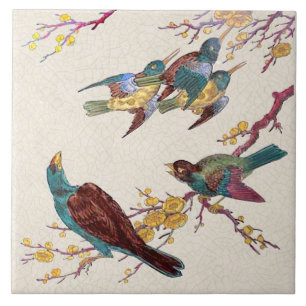 Carreau Repro Oiseaux ctoriens et fleurs colorés à la main