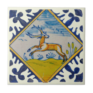 Carreau Reproduction peinte à la main de cerfs de Delft a