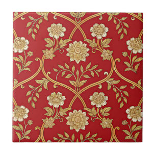 Carreau Réseau floral rouge or élégant (1)
