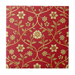 Carreau Réseau floral rouge or élégant (2)