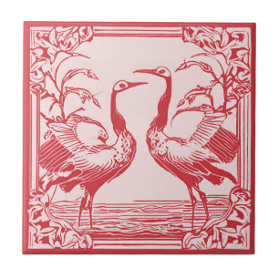 Carreau Retro Birds deux grues Rouge Art Déco Art Nouveau