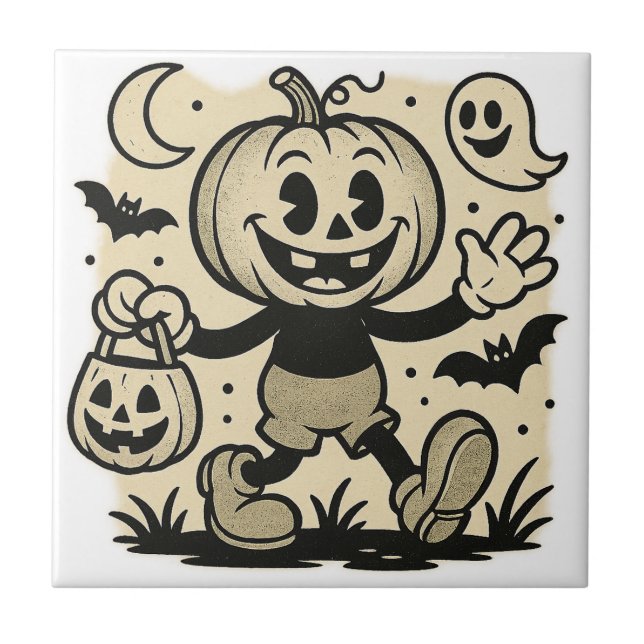 Carreau Retro cartoon-inspired pumpkin Halloween tile (Devant)