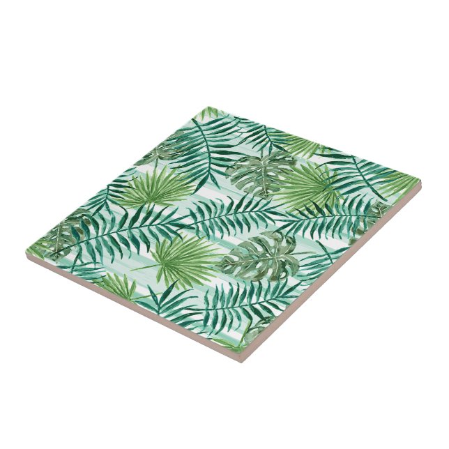 Carreau Retro Chic Tropical Green Palm Feuille Motif d'art (Côté)