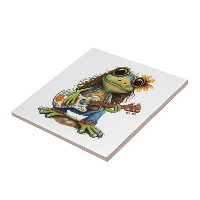 Carreau Retro Funny Hippie Frog Porter du verre Jouer Pian (Côté)