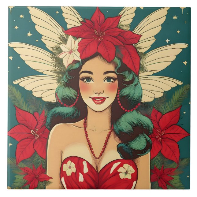 Carreau Retro les années 50 Tropical Christmas Pin-Up Girl (Devant)