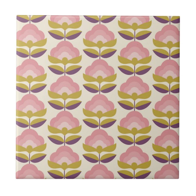 Carreau Rétro motif floral rose et pourpre (Devant)