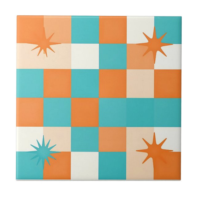 Carreau Retro Teal Orange Starburst Checkerboard (Devant)