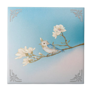 Carreau Retro WhiteBlue Bird and Bloom Art