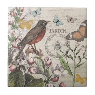 Carreau Robin Elegant Bird Butterfly French Art