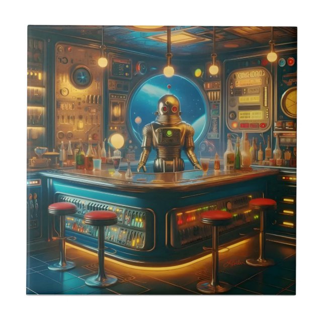 Carreau Robot Bartender in Interstellar Space Age Dive Bar (Devant)