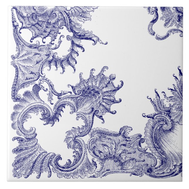 Carreau Rococo Baroque Bleu & Blanc Motif Rocaille b (Devant)
