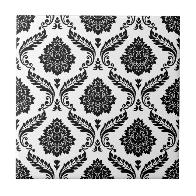Carreau Rococo Damask Pattern Black on White (Devant)
