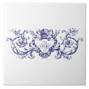 Carreau Rococo Shell Cartouche Frieze Bleu et Blanc