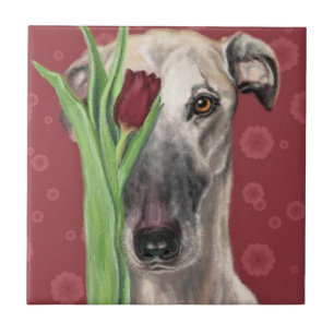 Carreau Romantic Dog with Flower Ceramic Tile - Painting