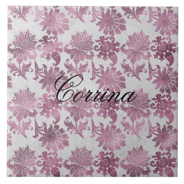 Carreau Romantique Bourgogne Rouge Argent Floral (Devant)