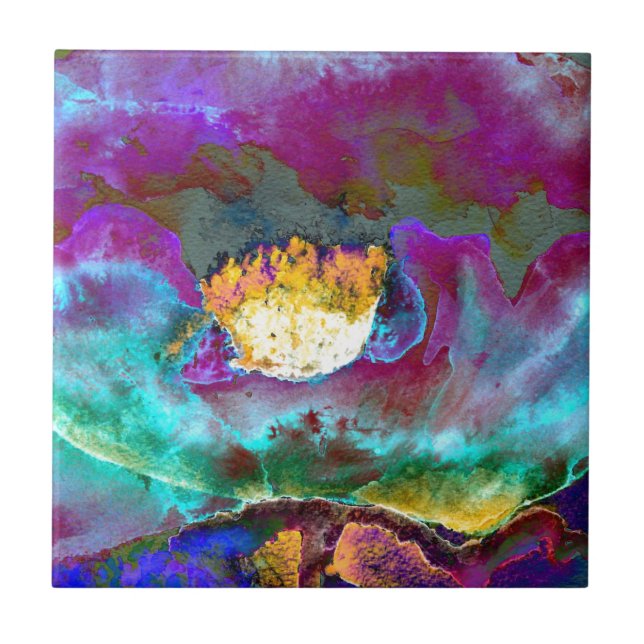 Carreau Romantique élégant violet turquoise peinture de fl (Devant)